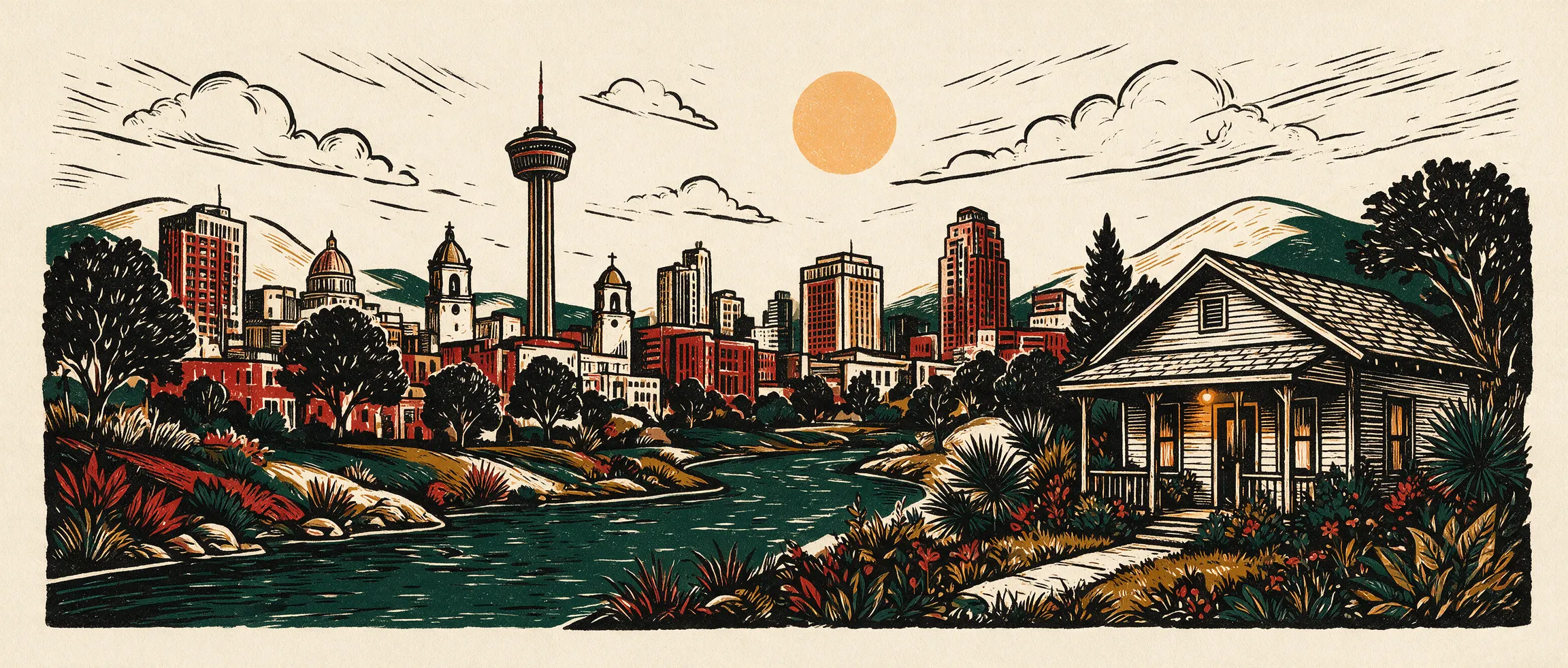 Linocut illustration of the San Antonio skyline along the river, with a small bungalow in the foreground